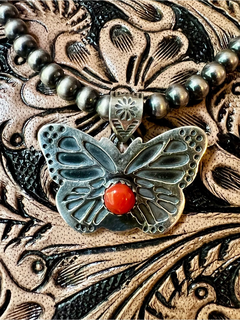 925 Sterling Silver Red Coral Butterfly Pendant Southwestern - Picture 8 of 12